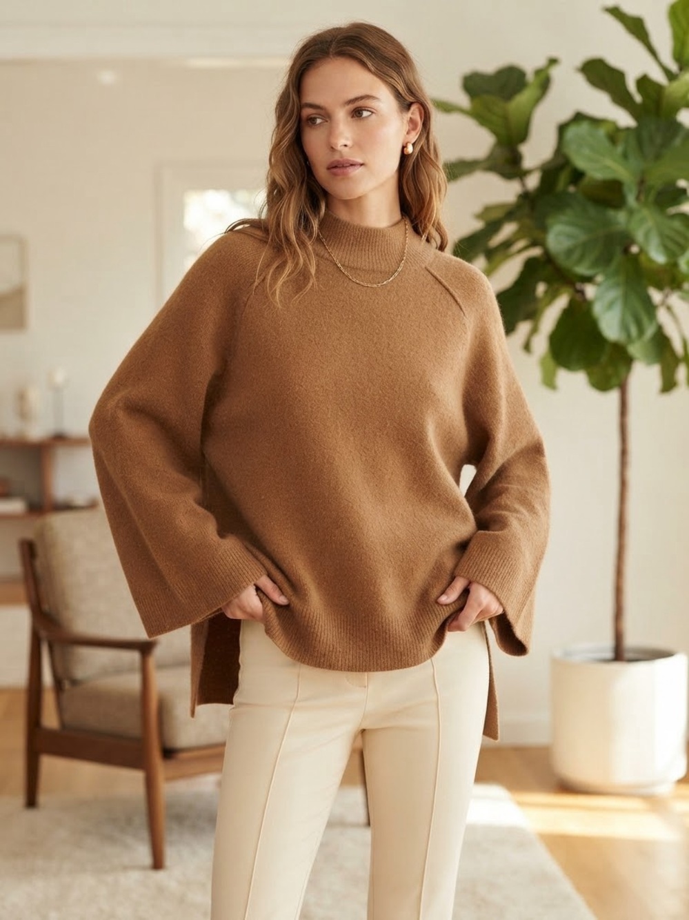 Calvin Klein Cozy Mock Neck Pullover Sweater in Camel with Bell Sleeves
